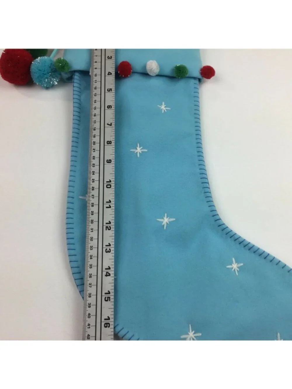 Light Blue Christmas Stocking Pom Poms Embroidered Stars Red Green White Tassel